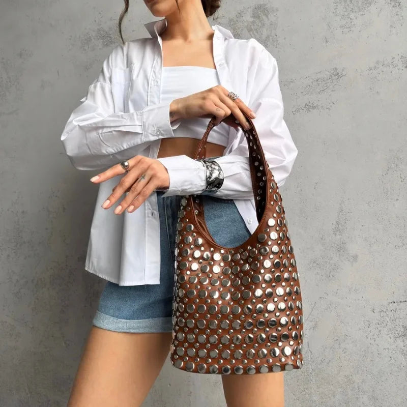 bolsa boho punk de couro marrom