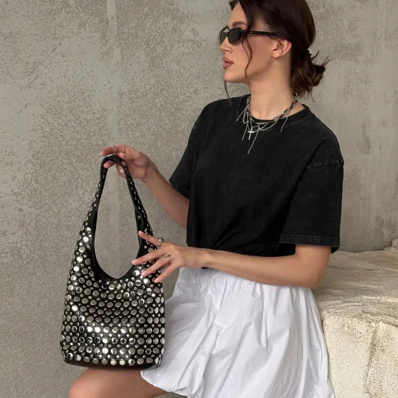 bolsa boho punk couro preto