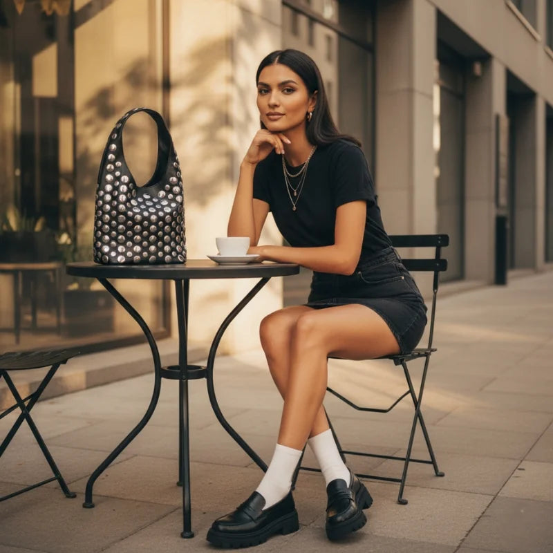 bolsa bucket feminina com tachas metálicas