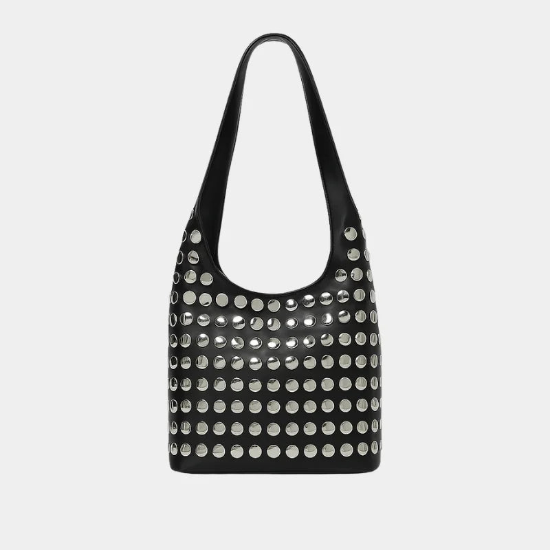 Bolsa Tote Média Boho Punk com Studs - Savona Preta